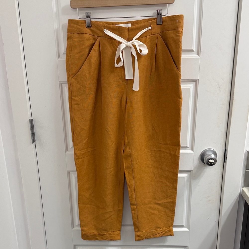 Aritzia Wilfred Allant Linen Blend Mustard Yellow Crop Pants with White‎ Tie 4